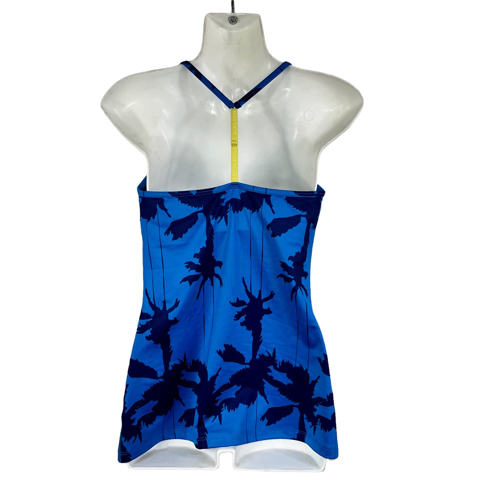 Pure Barre Lynx Blue & Yellow Palm Tree Pattern Y-Strap Tank Top Woman’s Sz SM