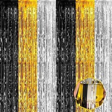 3 Pack Black Gold Silver Foil Fringe Curtains 3.28x6.6Ft Party Photo Decor