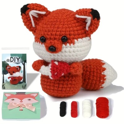 Fox Crochet Animal Kit, Crochet Hooks Yarn Fiber Step-by-Step Video Tutorials