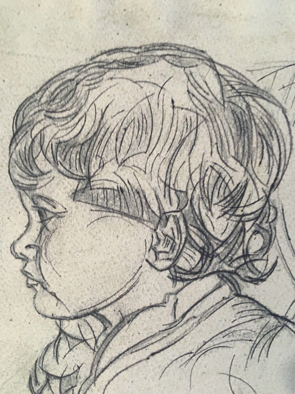 Beautiful drawing portrait child boy armchair on pencil paper Michel Rauly