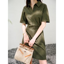Summer Womens Cotton Elastic Lace Up Shirt Dress Short Sleeve Lapel Collar Dress
