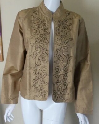 NWT Chico's Sz 2 L GOLD Champagne Silk Art-to-Wear Open Jacket Blazer Beaded