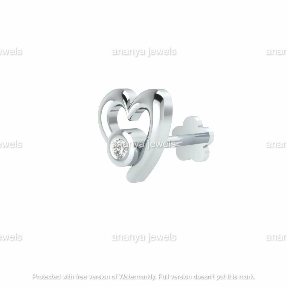 Anillo piercing labret labio pasador nariz corazón diamante real perno tornillo joyería corporal Foto 2 de 4