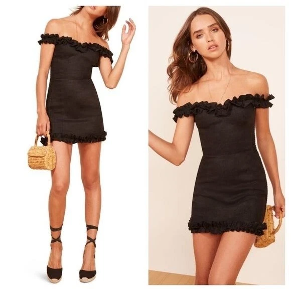 Reformation Bonita black linen ruffle off shoulder mini body con