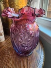 Vintage Fenton Purple To Cranberry Ombré Mulberry Glass Daffodil Ruffled Vase 8"