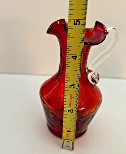 Vintage Hand Blown American Crackle Glass Small Vase/Pitcher Red & Blue Lot of 2 - Picture 20 of 22