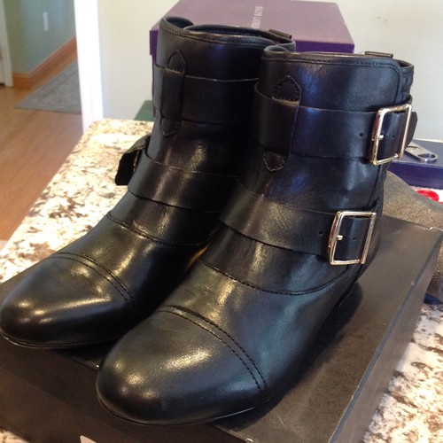 NEW HOUSE OF HARLOW BLACK LEATHER QUILTED BUCKLED JACKSON BIKER BOOT 8.5 NIB - Picture 3 of 7