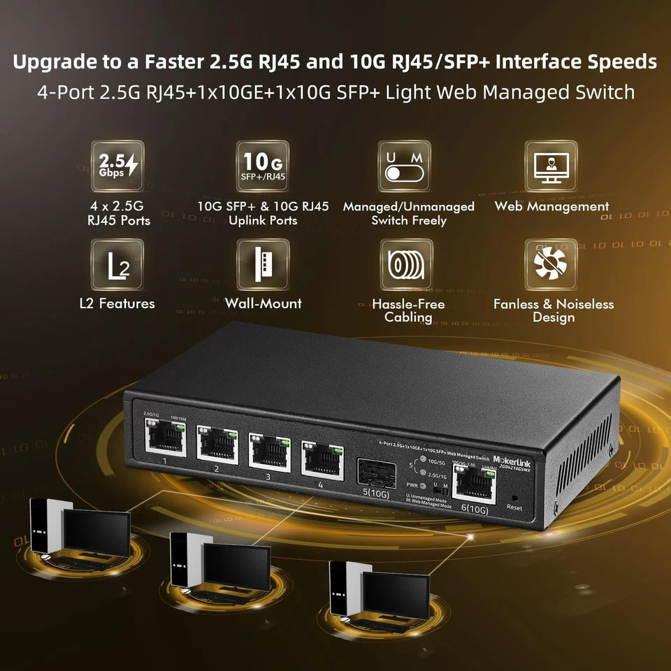 Interruptor metálico sin ventilador de 4 puertos 2.5G con ranura 10G SFP+ - Ideal para hogar y oficina Foto 4 de 4