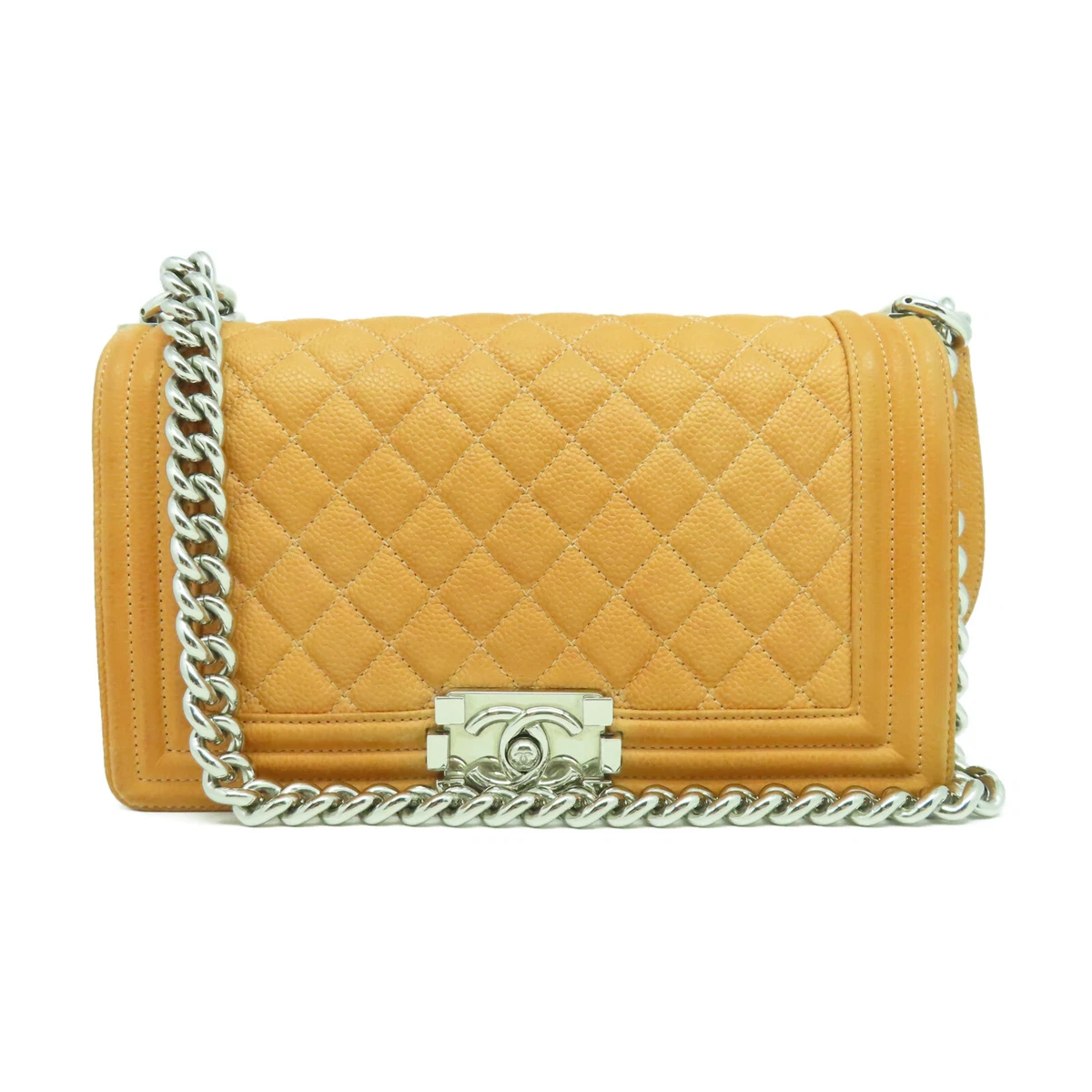 CHANEL Quilted CC SHW Boy 25 Chain Shoulder Bag Caviar Leather Light Orange