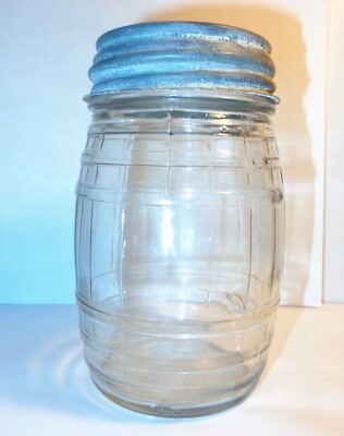 SMALL OLD VINTAGE CLEAR GLASS 5'' BARREL KEG PICKLE JAR WITH ZINC METAL CAP LID