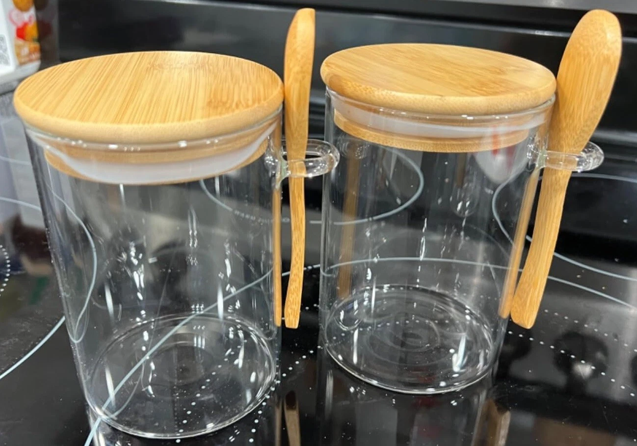 Nevfiro 2 Pack Airtight Glass Jars with Bamboo Lid and Spoon 19Oz 6"L x 4"W x 5"