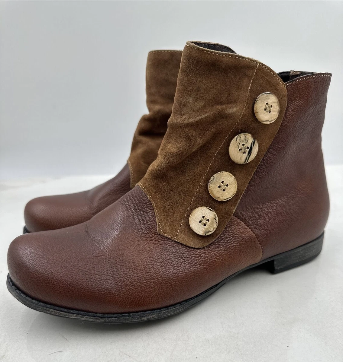 Think Denk Button Denver Brown Leather Womens Zip Boots Size 38 US Sz 7