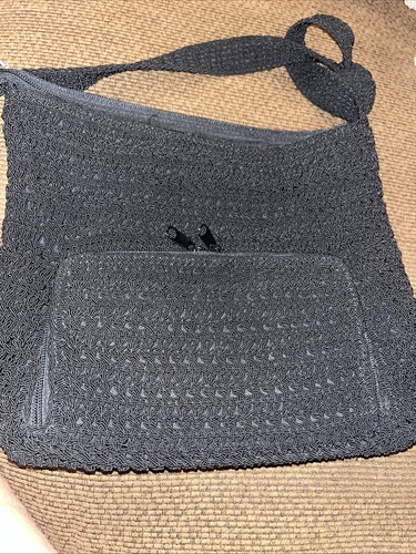 Cartera LIZ CLAIBORNE 12 X 10 Negra Nylon Tejido Macramé Crochet Bolso de Mano Boho Cremallera - Imagen 8 de 9