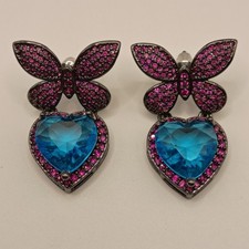 Butterfly Heart Earrings Fuchsia Blue Cubic Zirconia Gunmetal Spring Summer
