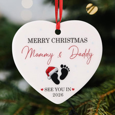 Baby First Christmas Ornament 2025 – Heart-Shaped Ceramic Pregnancy Announcement