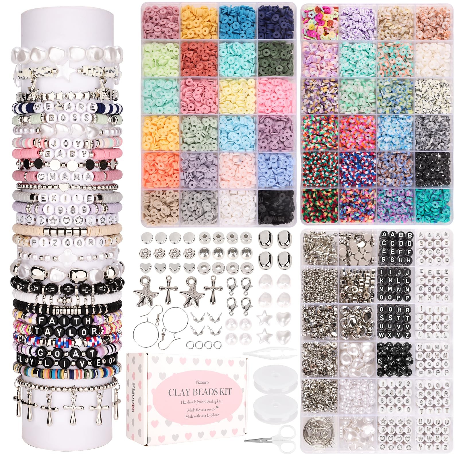 Clay Beads Bracelet Making Kit with 3 Boxes & Silver Letter Beads for DIY Jewelry-image