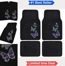 Car Floor Mats 4 Piece Front Rear Full Set Neon Purple Green Butterflies