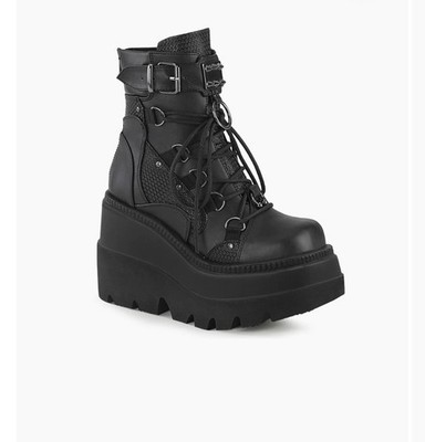 DEMONIA SHAKER-60 Women's  4'' Wedge Platform Black Vegan Lace-Up Ankle Boot