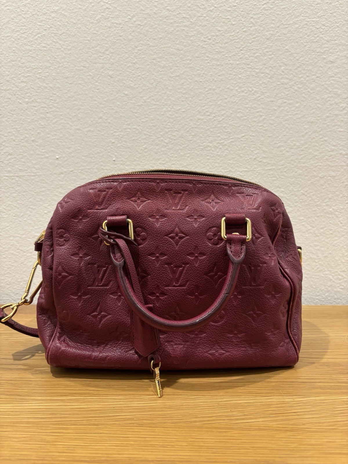 Louis Vuitton Speedy Bandouliere Leather Bag Red Monogram Empreinte 25