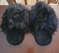 INC International Concepts Fur Metallic Soft Plush Slippers Black with Sparkle