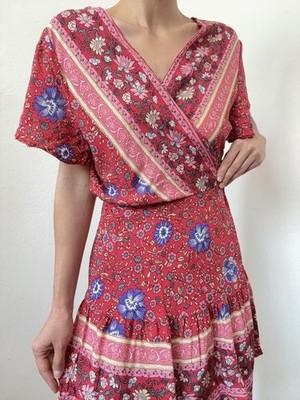 Vintage Red V-neck Ruffle Hem Flutter Sleeve Cotton Short Dress Size M