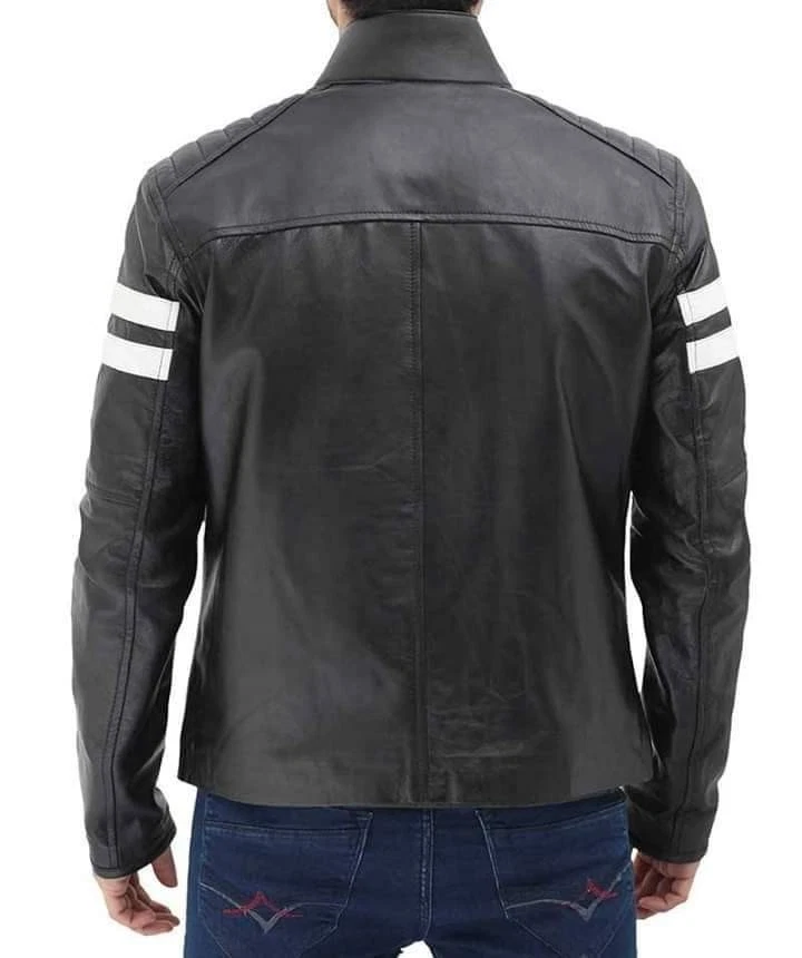 Men's Black Leather Moto Jacket with White Stripes | Motorcycle Outerwear Jacket - Image 2 of 4