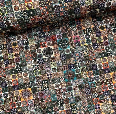 Stoff Meterware Baumwolle Patchworkstoff 50 cm Ornamente Mandala Yantra Bunt