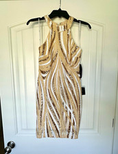 Lulus Beige White Gold Sequin Halter Bodycon Mini Dress Zip Closure Size XS