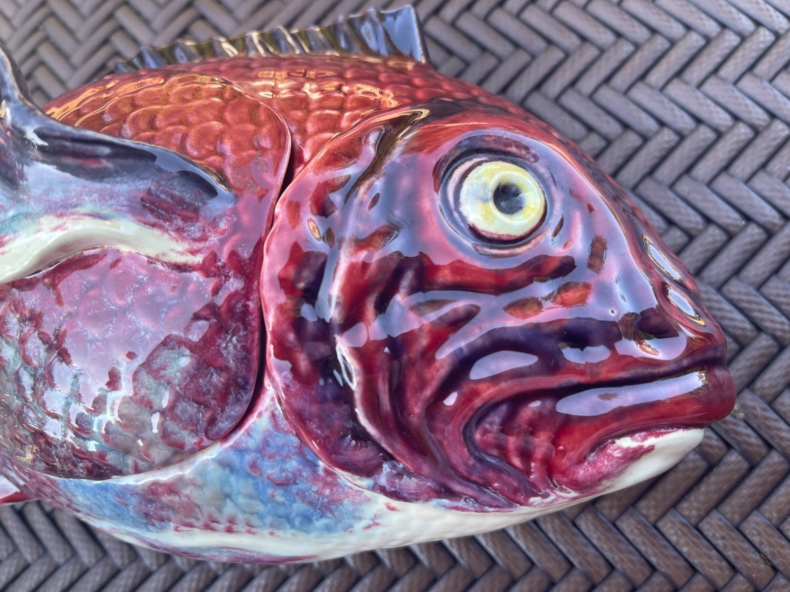 Vintage Bordallo Pinheiro Majolica Ceramic Red Fish Tureen Portugal