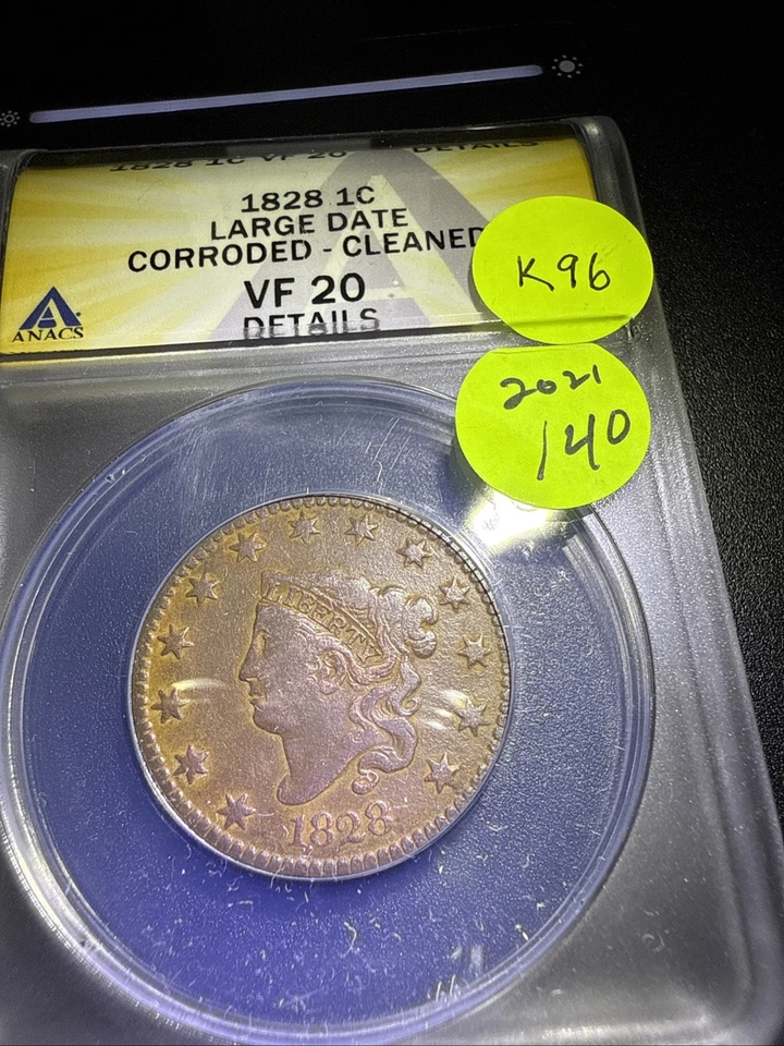 Cabeza de corona de centavo grande 1828 ANACS VF20 Dtls K96 Foto 3 de 4