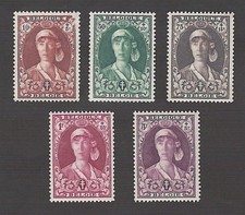 Belgium 1931 Scott B107 + B109 to B111 + B113 -- Qn Elisabeth SHORT Set of 5 MNH