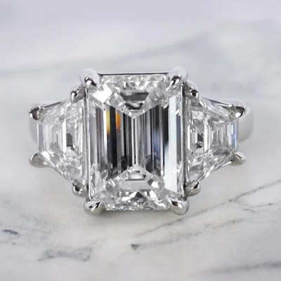3.45Ctw Emerald Cut Moissanite Three Stone Engagement Ring 14K White Gold Plated