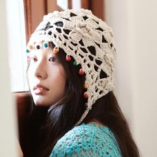 Hollow Knitted Beanie Cap Girls Cotton Hat Headwear Hand-crocheted Ethnic Cap