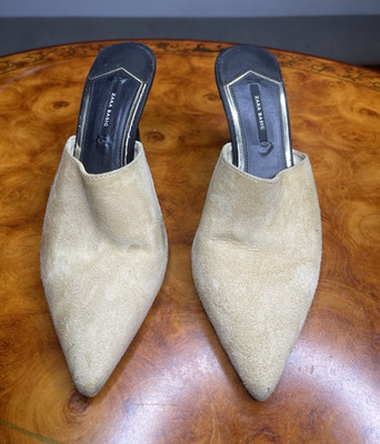 ZARA BASIC Beige Suede Pointed Toe Stiletto Mule Heels Slip On Women's 6.5