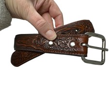 Nocona Tooled Brown Leather Belt Western Unisex 22 Floral Boho Silver Hardwear