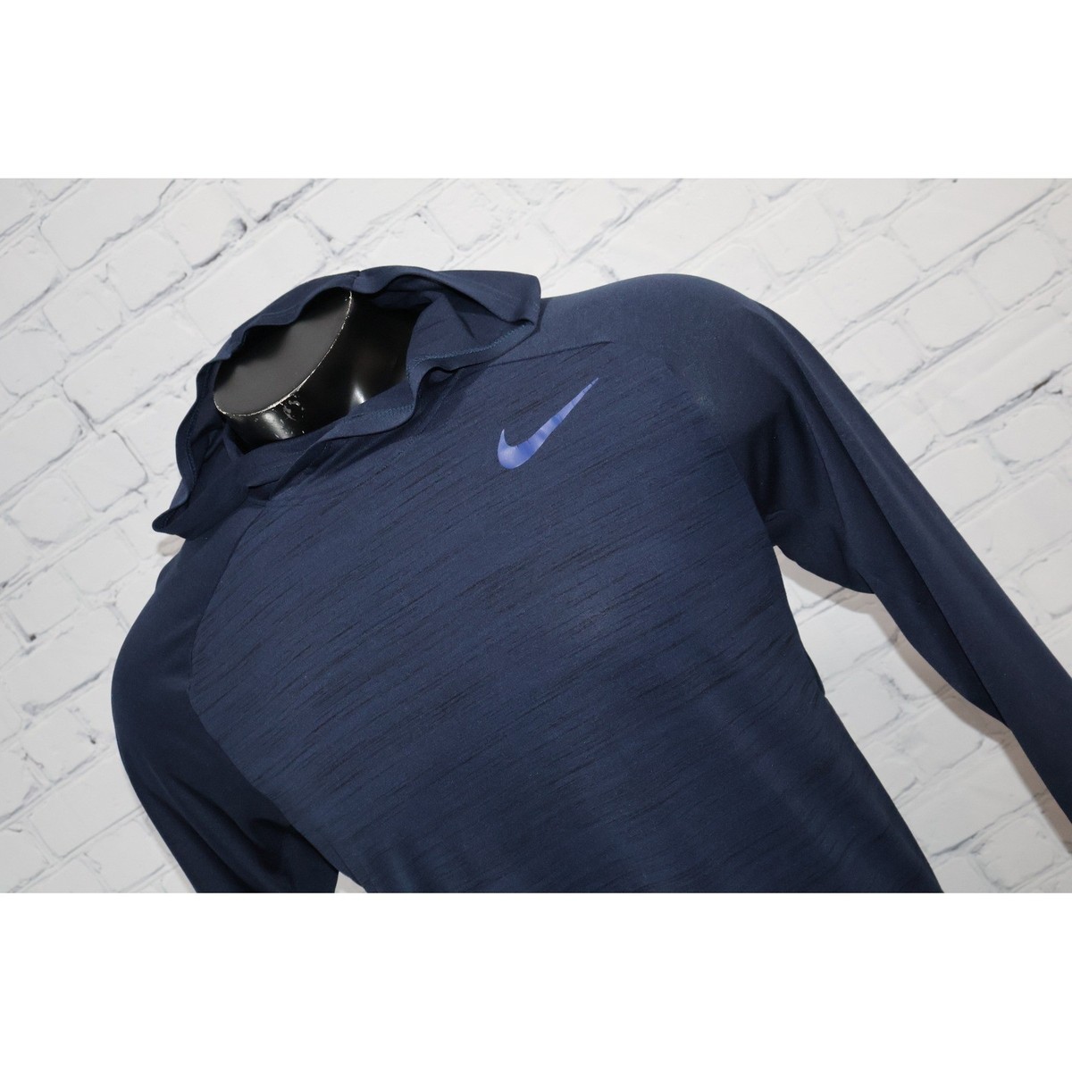 Nike Hoodie Shirt Gym Workout Mens Large Navy Blue Dri-FIT Training Top View 2