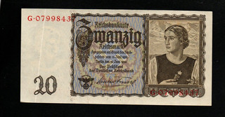 20 REICHSMARK EXTRA FINE BANKNOTE FROM NAZI GERMANY 1939 PICK 185