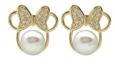14k Gold , Pearl  Crystal Minni Mouse Earrings - Disney - Ships From USA