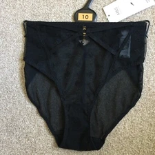 M&S Size 10 Pretty Mesh Embroidered High Leg Knickers Black Ribbon Rear Detail