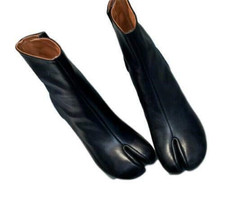 Women Side Hook Leather Ankle Boots Tabi Split Toe Casual Bootie High Heel Boots