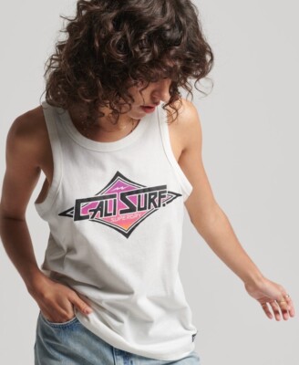 SUPERDRY ~ New! ''Cali Surf'' White Graphic Sleeveless Tank Top NWT US Sz 6