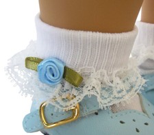 Lace Trim Socks w/ Light Blue Rosebuds compatible with 18" American Girl Doll
