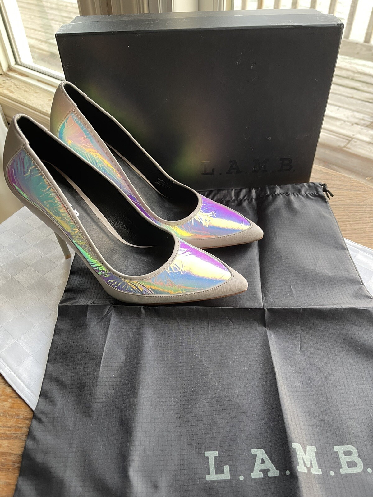 L.A.M.B.By GWEN STEFANI Pink&Grey BETHEL Iridescent Leather PointToePump8M RARE! image 5