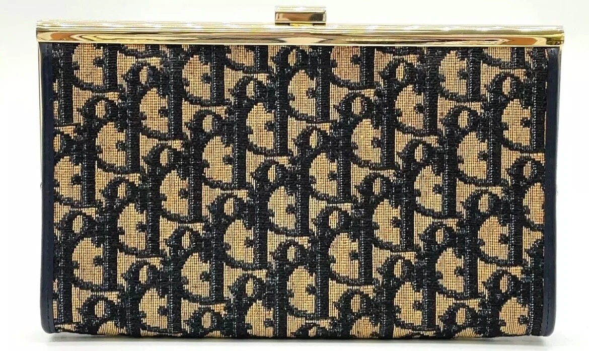 Authentique sac pochette Christian Dior motif trotteur noir/beige
