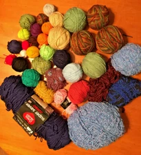 Over 30 Balls Yarn Plus 1 Partial Skein, Mixed Colors, 3 Verigated, Misc Sizes