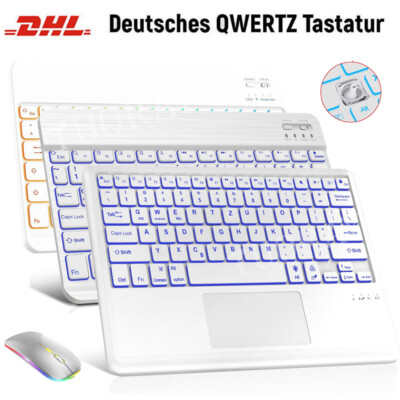 Beleuchtete Tastatur Maus Kabellos für PC Tablet IOS Android Windows QWERTZ Weiß