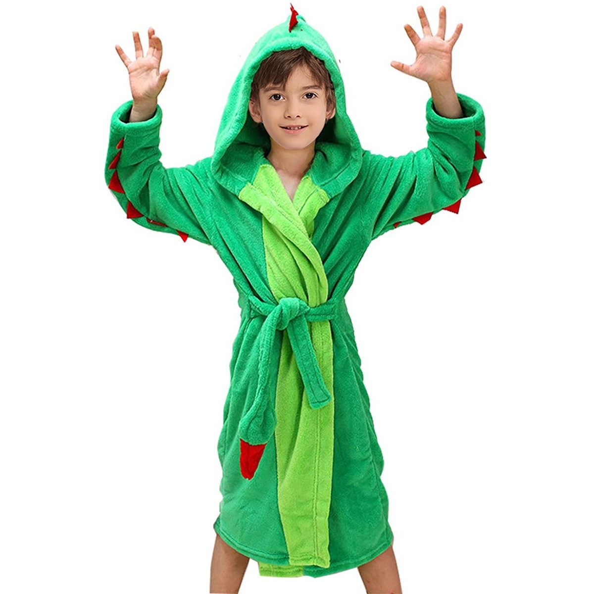 Dinosaur Fleece Robe - Polyester Plush Warm Hooded Bathrobe Girls