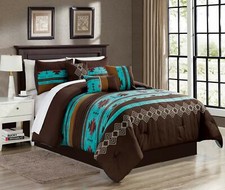 Queen King Bed Teal Blue Coffee Brown Southwestern Navajo 7 pc Comforter Set