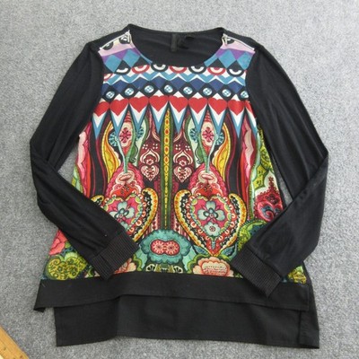 Desigual Shirt Womens Large Multicolor Heart Print Zip Shoulder Boho Tunic Top