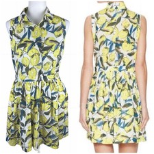 Elorie Lemon Print Fit & Flare Mini Dress Size M Sleeveless Collared Button 
